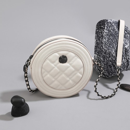 Lingge Chain Crossbody Small Bag White Genuine Leather Small Round Bag Lingge Chain Crossbody Small Bag White Genuine Leather Small Round Bag